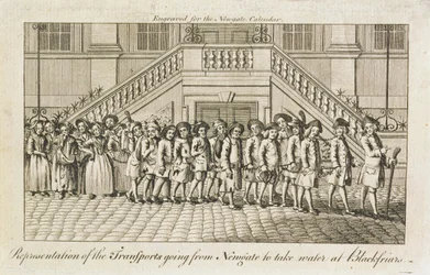 A line of chained convicts from Newgate Prison, Old Bailey, being taken to Blackfriars for transportation, c.1760