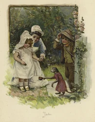 A Maid Kneeling Beside Two Young Children as a Monkey in a Dress Holds Out a Cup