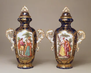 A pair of Chelsea blue-ground lobed tapering oviform vases and covers depicting lovers among trees, c.1765