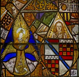 A panel in the east window depicting a feathered angel and an angel with a shield of arms amid fragments