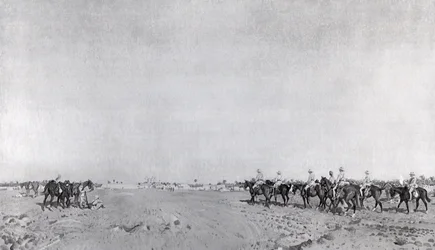 A Patrol of 14th Hussars with Commanding Officer Lieutenant Colonel R.W. Hewitt DSO Approaching to Take Turkish Surrender at the Surrender of Kazimain, March 11th 1917