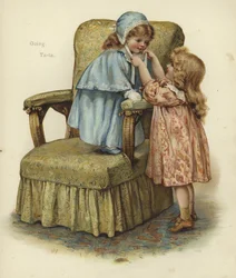 A Young Girl Standing on the Cushion of an Armchair