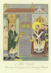Abbot Elfnoth presenting a book of prayer to the Monastery of St Augustine