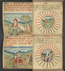 Leo & Virgo, from Almanac, containing table of dominical letters and golden numbers; directions to find the movable feasts; calendar of Saints, epochs, list of English Sovereigns, prognostications of weather, influence of the signs of the zodiac
