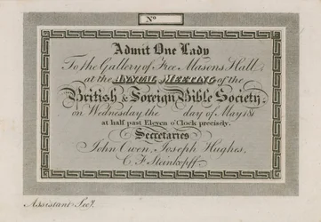 Admission ticket for the Annual Foreign Bible Society at Freemasons Hall
