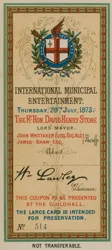 Admission Ticket to International Municipal Entertainment at the Guildhall, London, on 29 July 1875