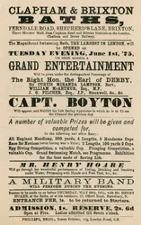 Advert for Clapham and Brixton Baths, Ferndale Road, Shepherds Lane, Brixton, London; featuring Captain Boyton
