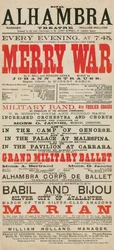 Advertisement for the Royal Alhambra Theatre, featuring Merry War by F Bell and Richard Genee with music by Johann Strauss