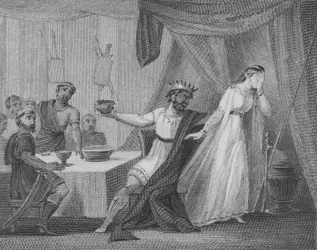 Alboin, King of the Lombards, demanding that his wife Rosamund drinks from his favourite cup, made from the skull of her father Cunimund, King of the Gepids