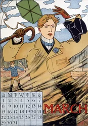 An elegant man struggling with the wind - English calendar image, March, late 19th century