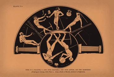 Ancient Greek Education: Scene in a Palaistra, a Boy with Halteres, a Boy with Javelin, and Two Paidotribai