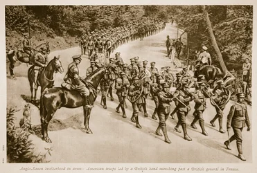 Anglo Saxon Brotherhood in Arms: American Troops Led by a British Band Marching Past a British General in France