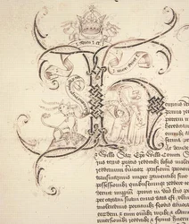 Decorated initial H from royal charter recording grant by King Henry VI to New College Oxford of the estates of Newton Longville
