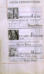 Archive 3693 f.60v Page listing three benefactors of New College, Oxford; Johannes Guise, Richardus Richardson and Johannes Wright, from a Benefaction Book, 16812-84