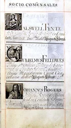 Page listing three benefactors of New College, Oxford; Halswell Tynte, Gulielmus Fellowes and Johannes Rogers, from a Benefaction Book