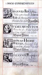 Page listing four benefactors of New College, Oxford; Joannes Rolle, Gulielmus Fitch, Thomas Hobbs Weeks and Johannes Bassett, from a Benefaction Book