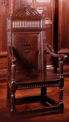 Armchair painted with armorial device surrounded by dentil ornament, Yorkshire, early 17th century