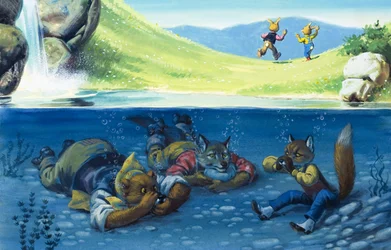 Bear, Wolf and Fox Hiding Under Water