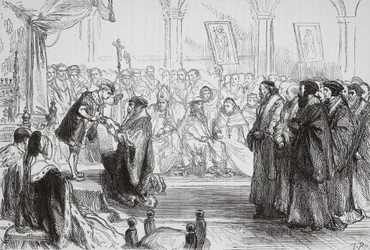 Beza presenting the Confession of the French Protestant Church to the King at the Colloquy of Poissy