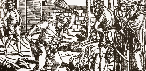 Bishop Bonner beating his prisoner, John Willes, in the orchard of his palace at Fulham