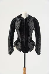 Black velvet jacket embroidered with applied black silk and metal beads, late 1890s