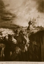 Blazing farm buildings in Flanders set alight by German shell fire