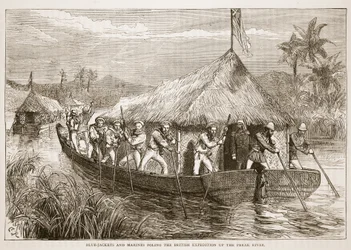 Blue-Jackets and Marines Poling the British Expedition up the Perak River, illustration from Cassell