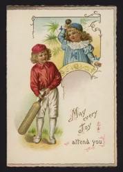 Boy and Girl Playing Cricket, Greetings Card, Late 19th or Early 20th Century