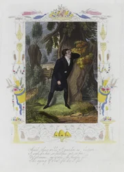 Valentine card with an image of a distressed man standing by the trunk of a tree