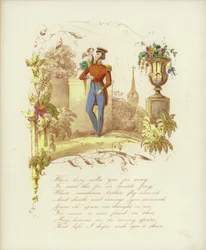 Valentine card with an image of a soldier with a cherub on his shoulder