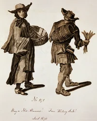 Buy a New Almanac! Fine Writing Ink!, Illustration of Street Sellers Around 1675