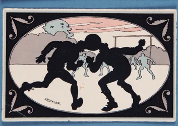 Card depicting a silhouette of two players heading a ball