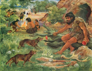 Caveman Making Friends with a Young Wolf