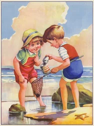 Children Fishing in a Rock Pool at the Seaside