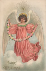 Christmas card with an angel holding a chain of flowers