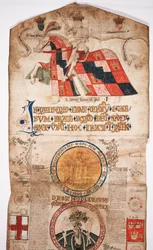 Chronicle of the History of the World from Creation to Woden, with a Genealogy of Edward IV, beginning section with a portrait of Edward IV on horseback, a roundel with God, and another