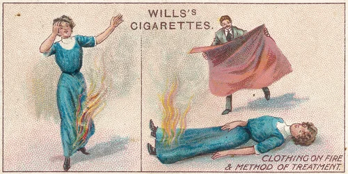 Clothing on Fire, no.34 from the First Aid series of Wills Cigarettes cards, 1913