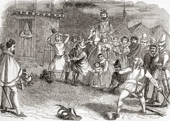 Cock Throwing, aka Cock-Shying or Throwing at Cocks, from Old England: A Pictorial Museum, pub. 1847