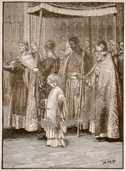 Coronation of Richard in Westminster Abbey: the procession along the aisle (Illustration from Cassell