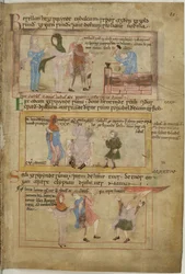 Lamech and his two wives and his son, Tubalcain, the blacksmith, at work