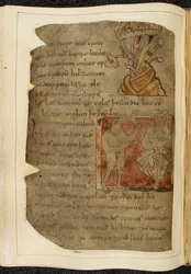 A tree from which balsam grows; a donestre, a beast-headed man, on the left holding a human leg and foot, and a person on the right, illustration from Beowulf, from the 