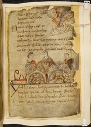 Cotton Vitellius A. XV f.105, a golden vine-tree; three people talking, representing a kindly nation who rule the Red Sea, where the best pearls are found, illustration from Beowulf, from the 