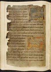 A single horned sheep, facing right; two horned sheep, facing left, from Beowulf, from the 