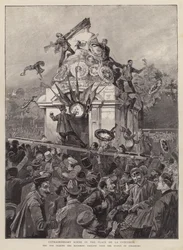 Crowds tearing down mourning emblems from the statue of Strasbourg on the Place de la Concorde, Paris