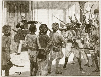 De Kantzow defending the Treasury at Mynpooree, illustration from Cassell