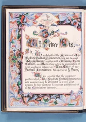 Dedication from an Address Presented by Sheffield Football Association to William Pierce-Dix on the Occasion of his Retirement as Secretary, 1882