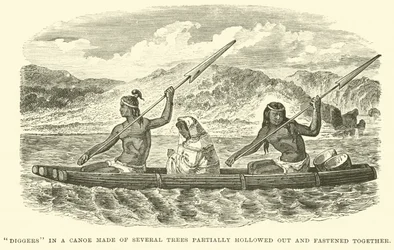 Diggers in a canoe made of several trees partially hollowed out and fastened together
