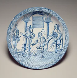 Dish with Queen Catherine seated having a shoe fitted by a kneeling Cavalier