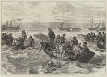 Diving Operations at the Wreck of the Vanguard, sketched from on Board HMS Amelia Despatch-Boat