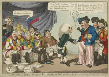 Doctor Boney bringing the Powers to Pot, or John Bull and his friends rather shy, pub. 1808